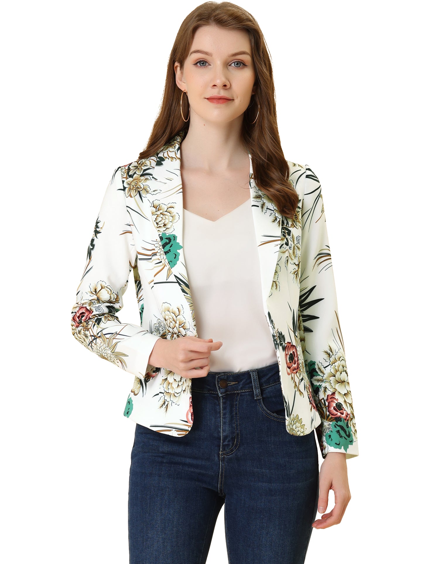 Women's Fitted Blazer Notch Lapel Printed Open Front Suit Jacket (Available in Plus Size)