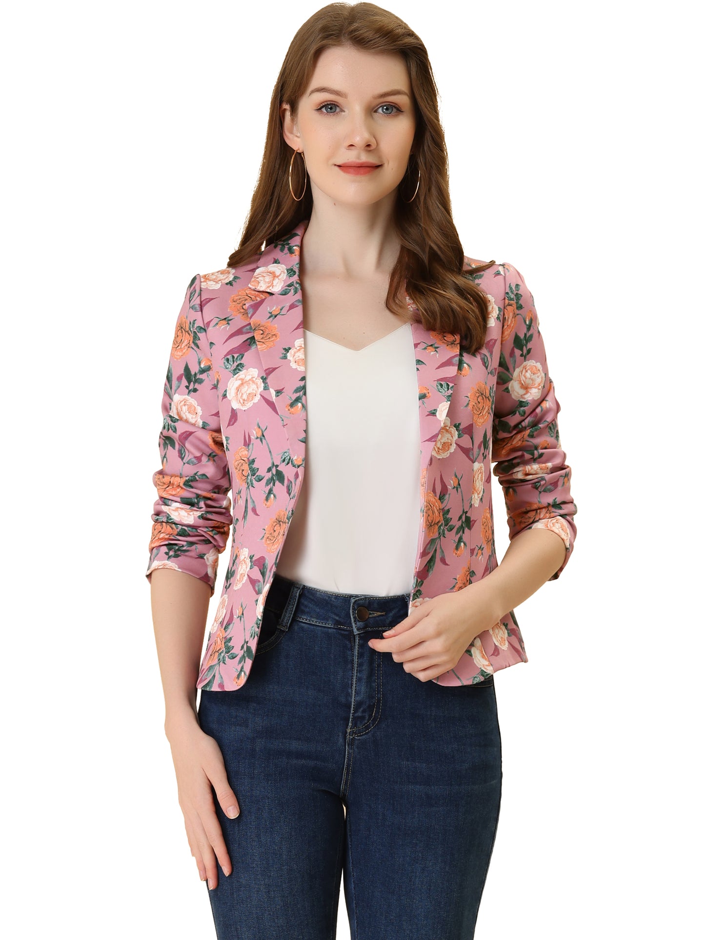 Women's Fitted Blazer Notch Lapel Printed Open Front Suit Jacket (Available in Plus Size)