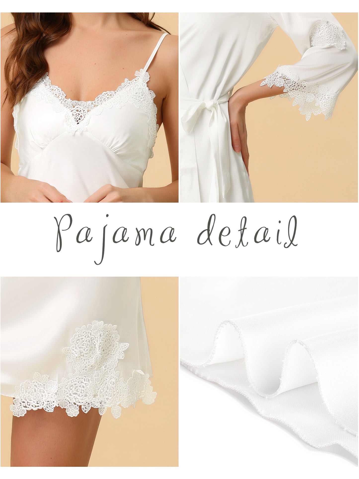 cheibear 2pcs Pajama Sleepwear Silk Cami Nightdress with Robe Satin Sets White