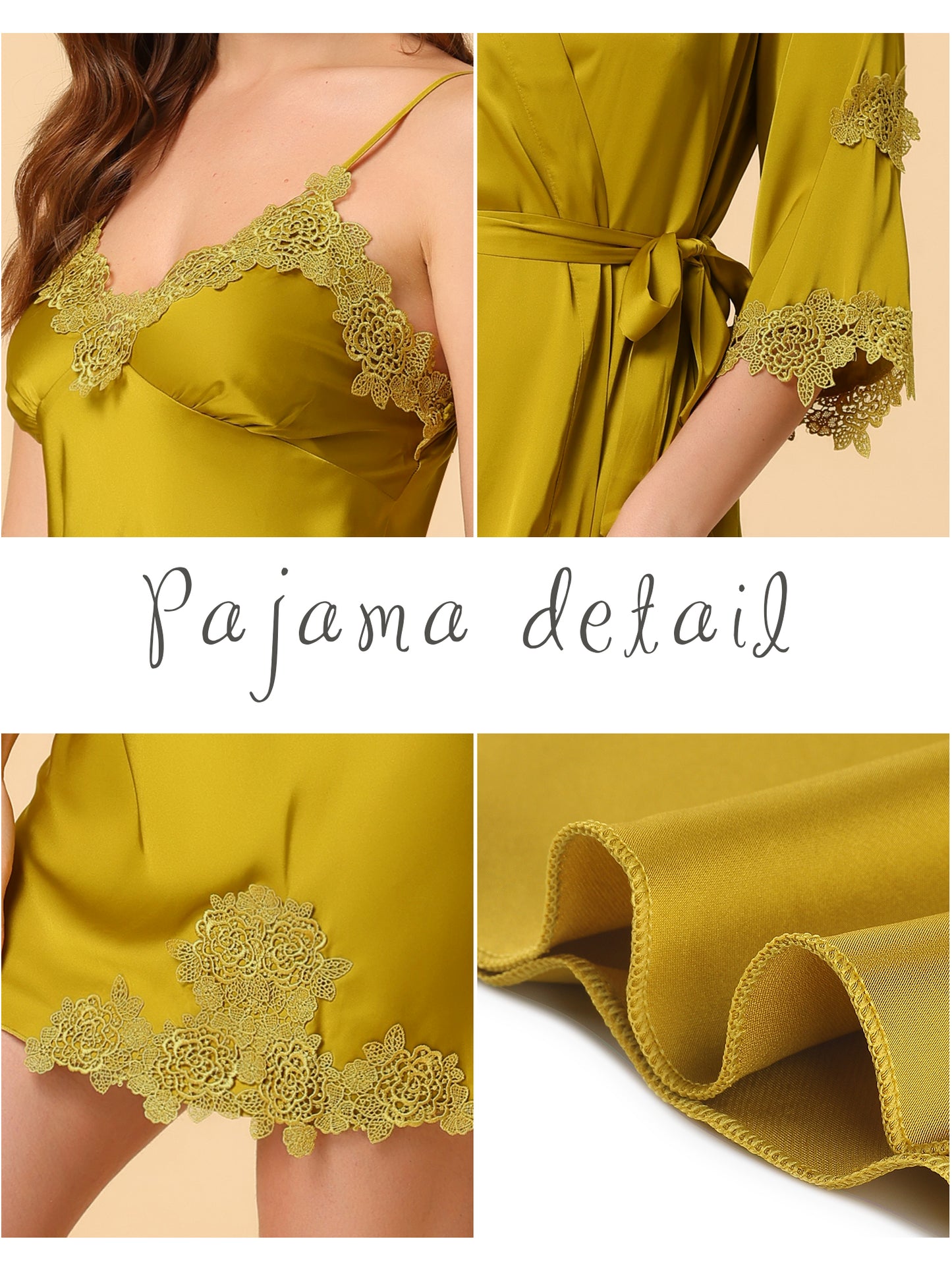 cheibear 2pcs Pajama Sleepwear Silk Cami Nightdress with Robe Satin Sets Yellow