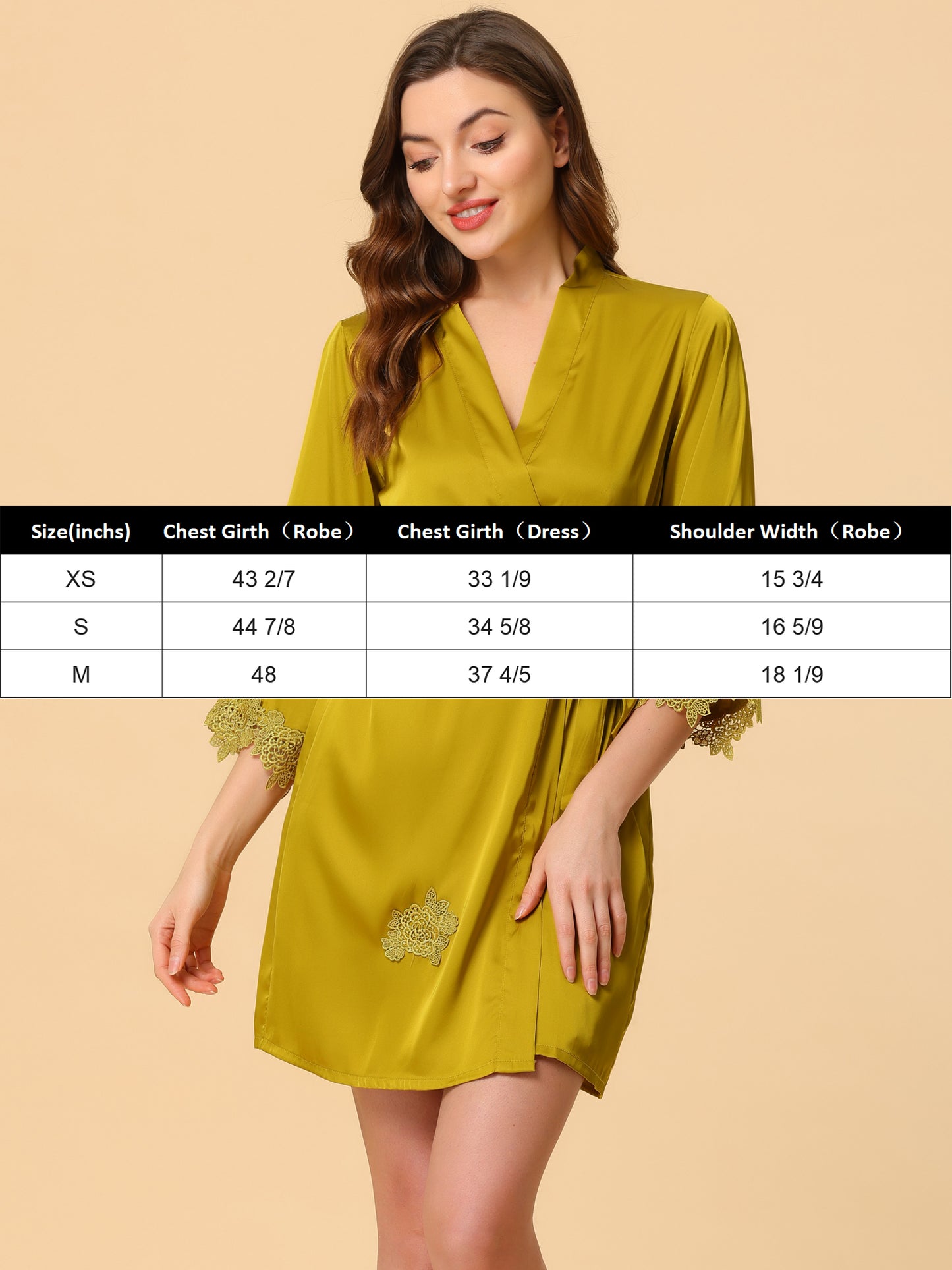 cheibear 2pcs Pajama Sleepwear Silk Cami Nightdress with Robe Satin Sets Yellow