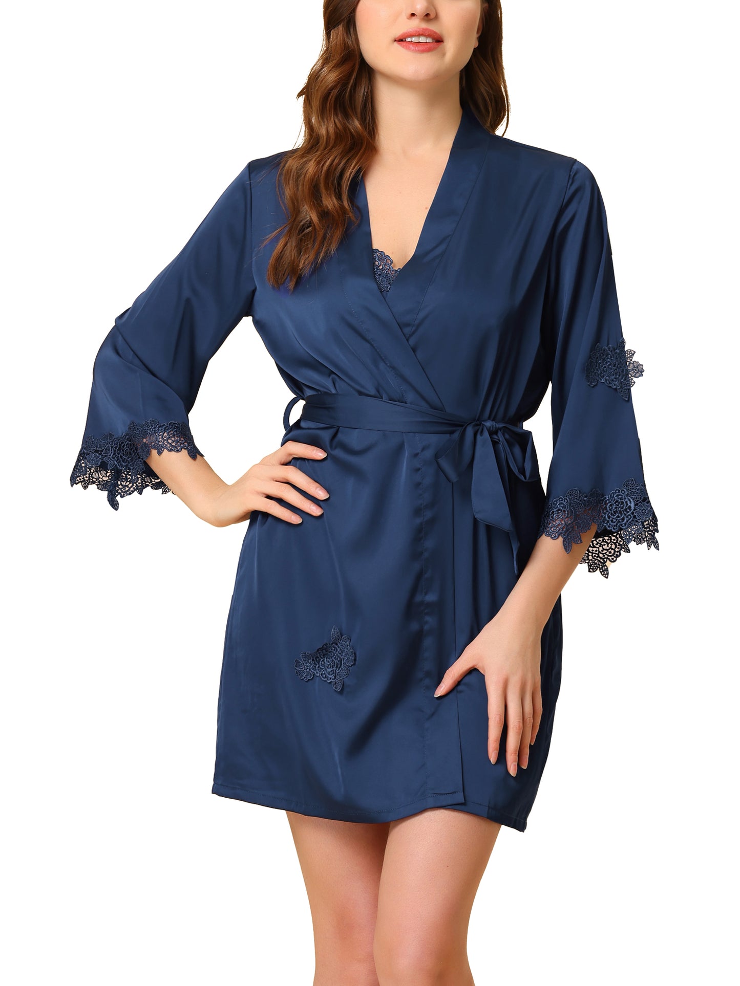 cheibear 2pcs Pajama Sleepwear Silk Cami Nightdress with Robe Satin Sets Blue