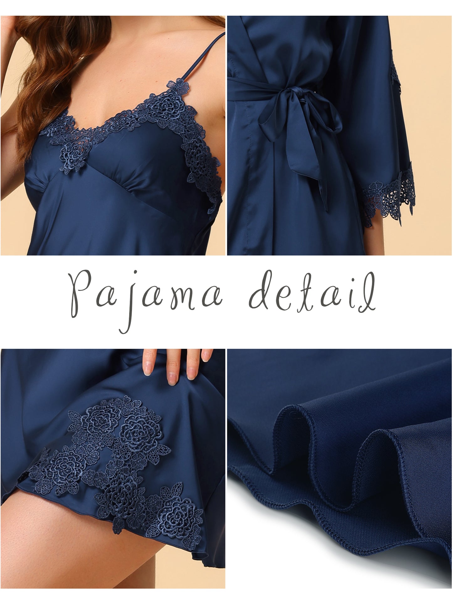 cheibear 2pcs Pajama Sleepwear Silk Cami Nightdress with Robe Satin Sets Blue