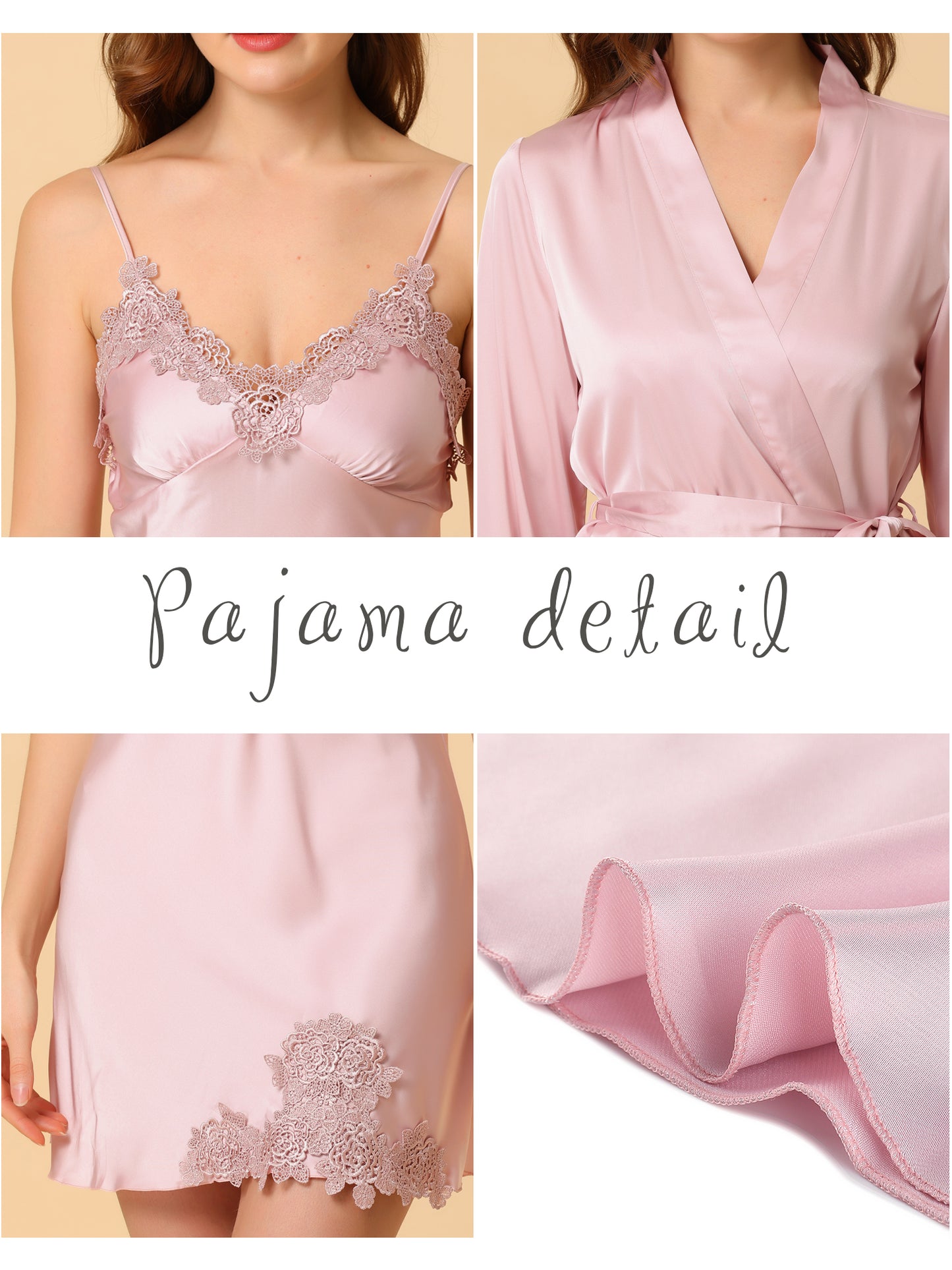 cheibear 2pcs Pajama Sleepwear Silk Cami Nightdress with Robe Satin Sets Pink