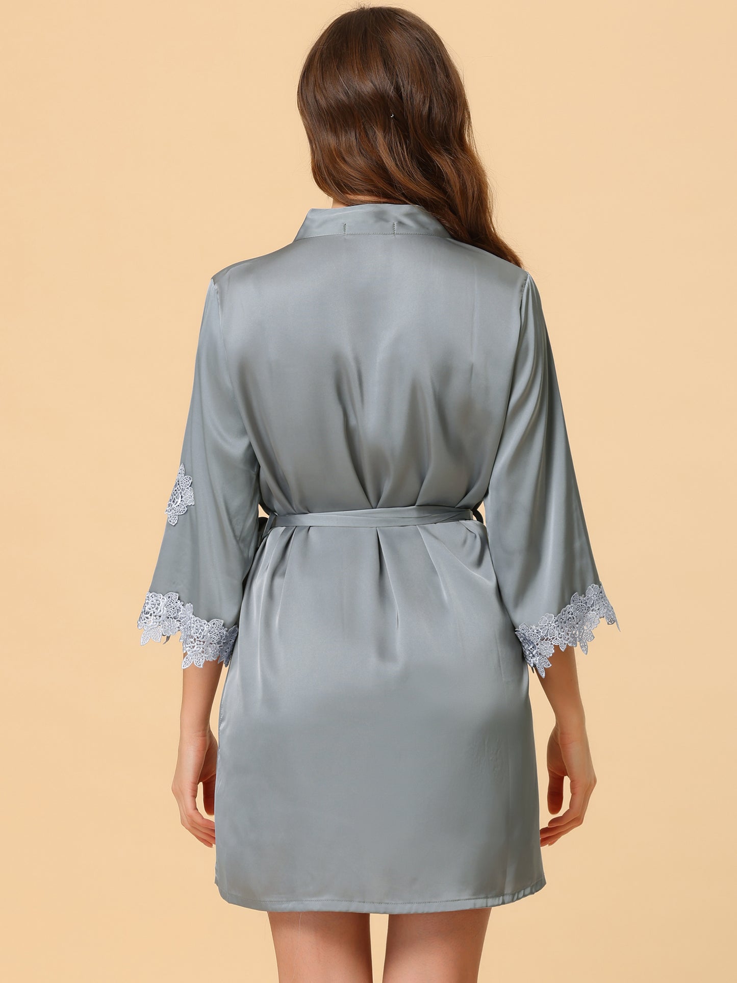 cheibear 2pcs Pajama Sleepwear Silk Cami Nightdress with Robe Satin Sets Grey