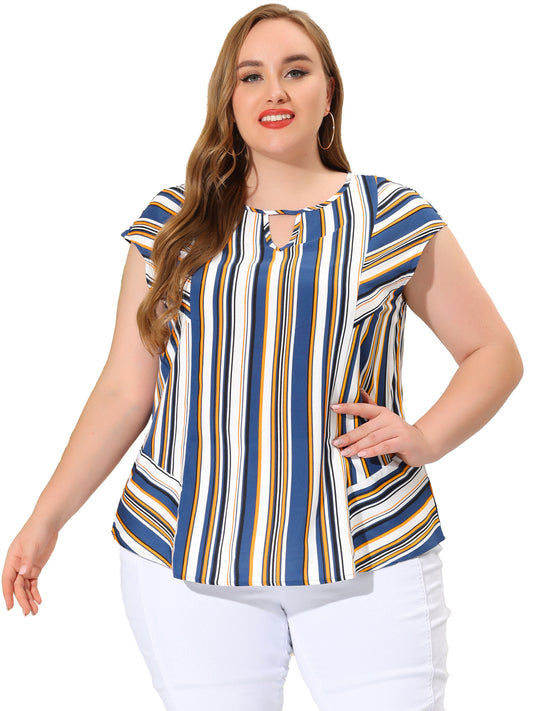 Women Plus Size Boho Top Keyhole Neck Cap Sleeves Striped Blouse