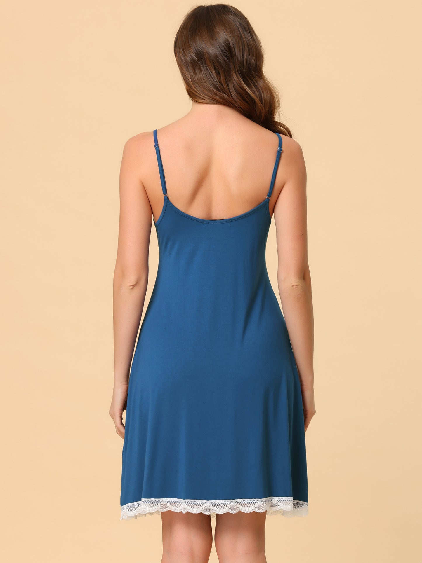 cheibear Pajama V Neck Lace Nightdress Stretchy Lounge Dress Blue