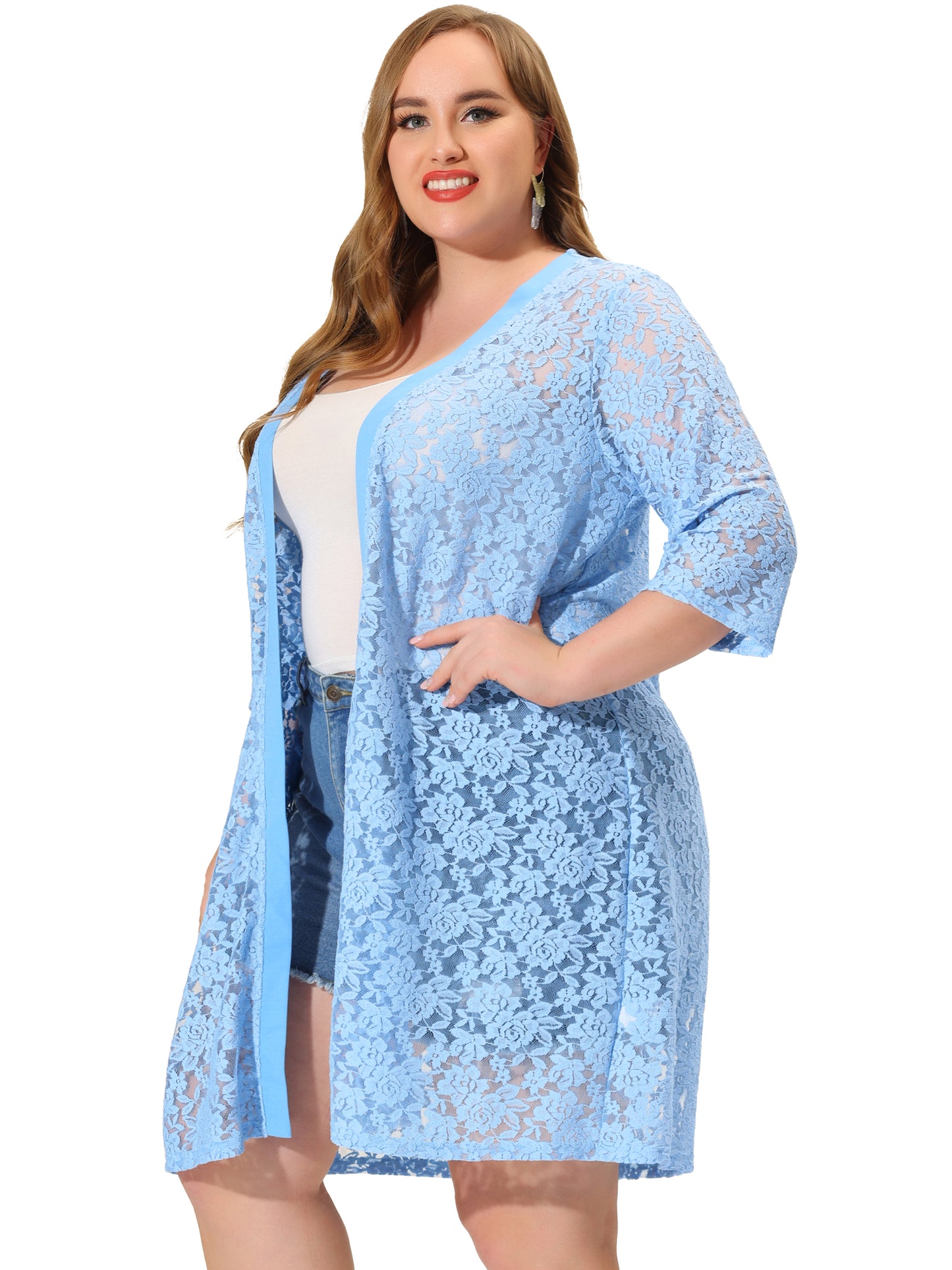 Women Plus Size Cardigans Lace Lightweight Crochet 3/4 Sleeve Cover Up Jacket