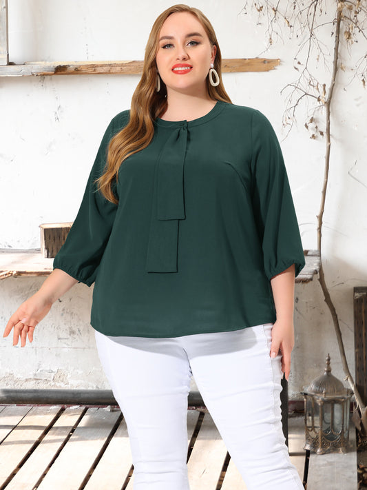 Women Plus Size Top 3/4 Sleeve Work Office Tie Front Ruffle Chiffon Blouse