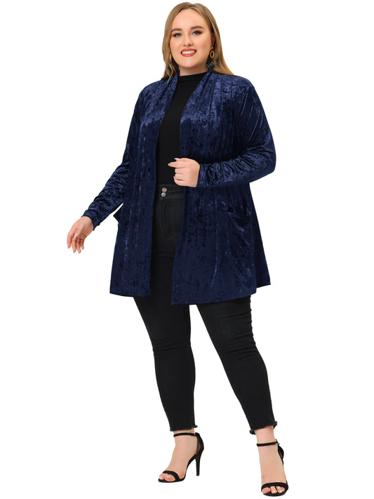Women Plus Size Vintage Shawl Collar Open Front Crush Velvet Cardigans