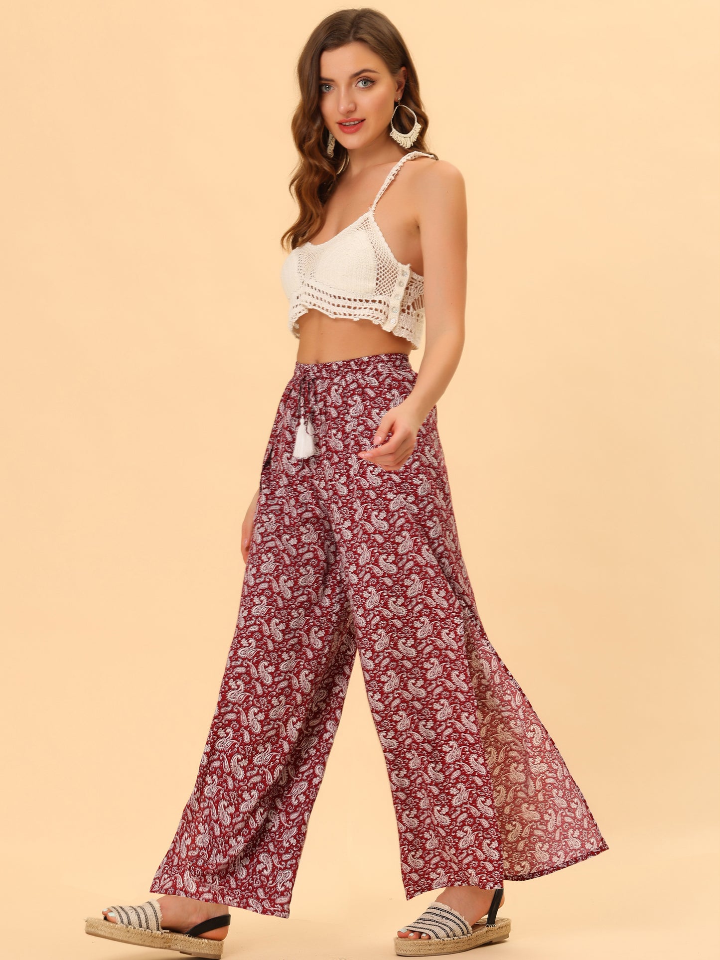 Women's Boho High Waist Drawstring Split Flowy Wide Leg Pants