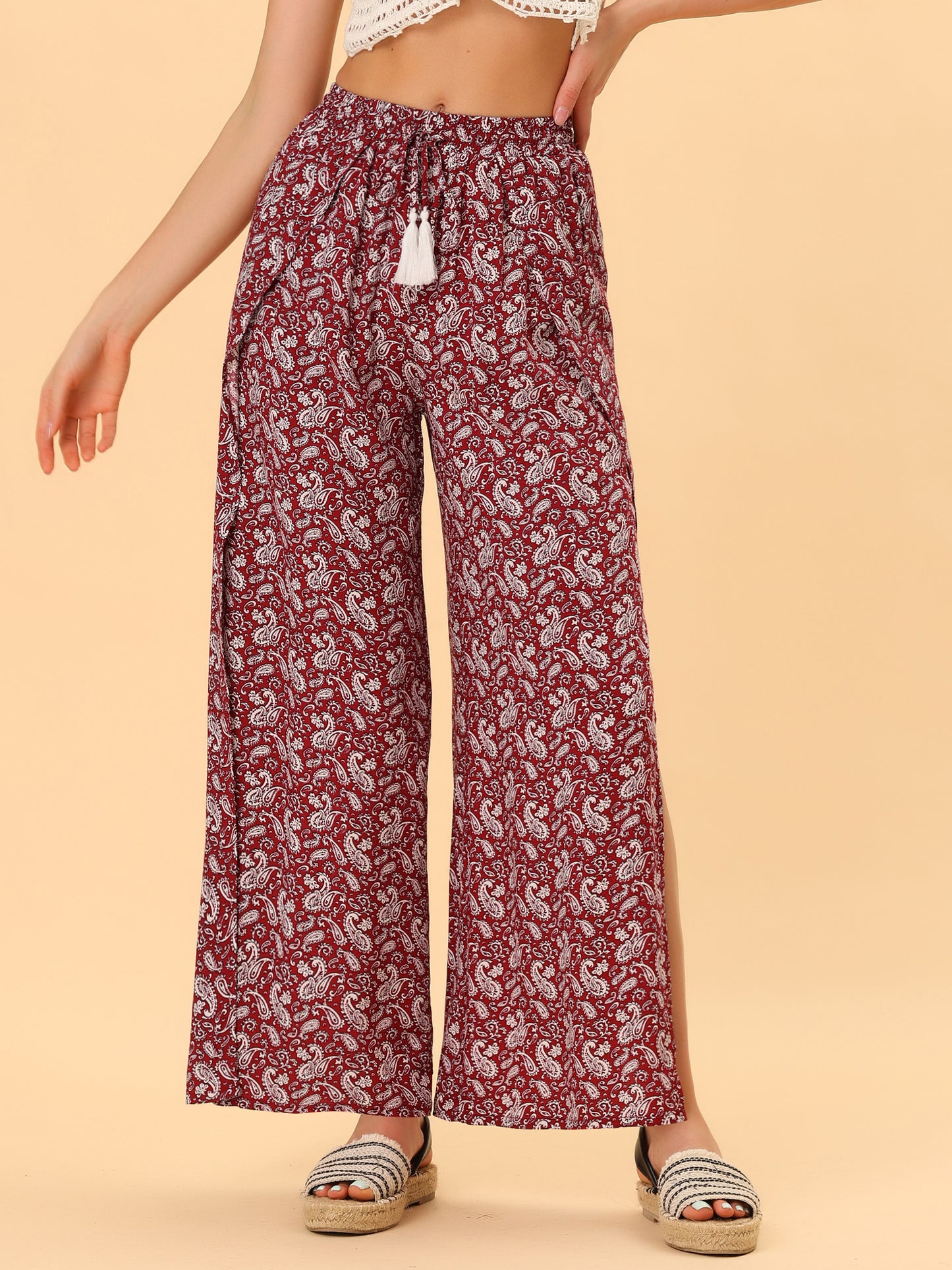 Women's Boho High Waist Drawstring Split Flowy Wide Leg Pants