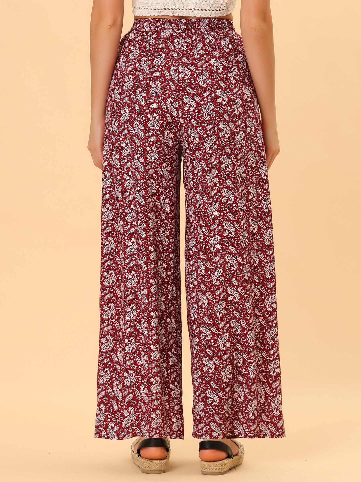 Women's Boho High Waist Drawstring Split Flowy Wide Leg Pants