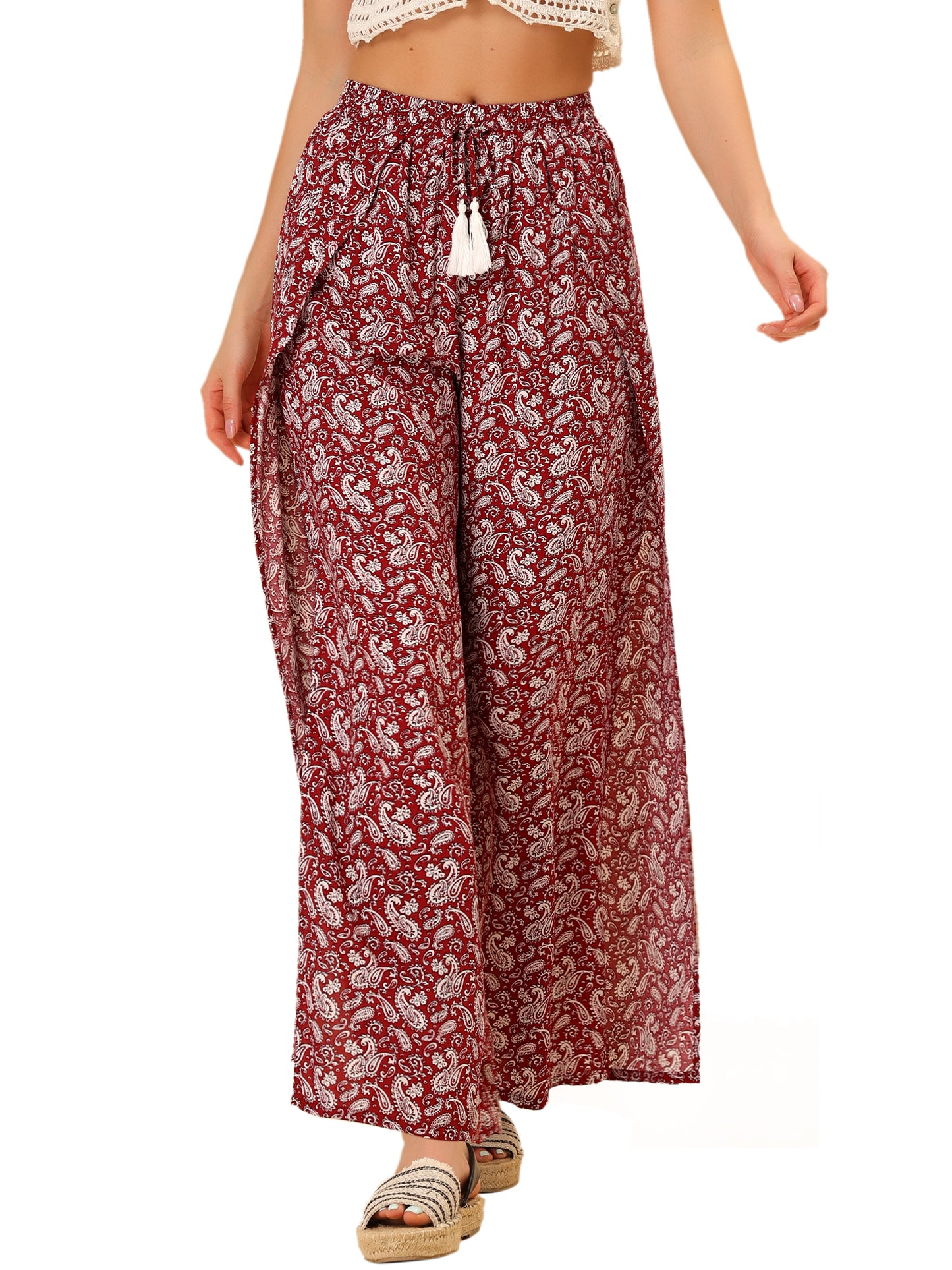 Women's Boho High Waist Drawstring Split Flowy Wide Leg Pants