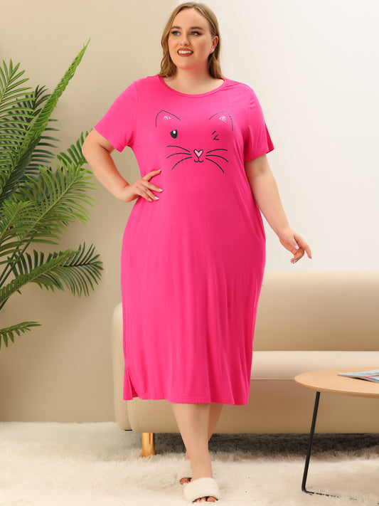 Camisón de talla grande para mujer, vestido de pijama holgado con bonito gato y bolsillos