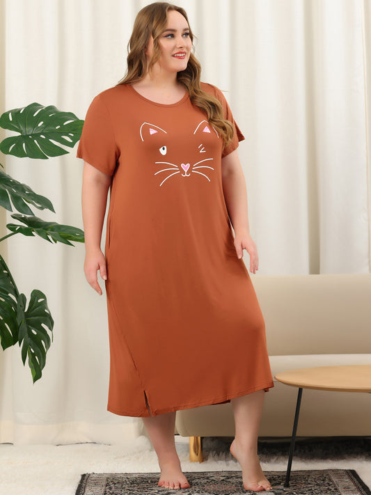 Camisón de talla grande para mujer, vestido de pijama holgado con bonito gato y bolsillos