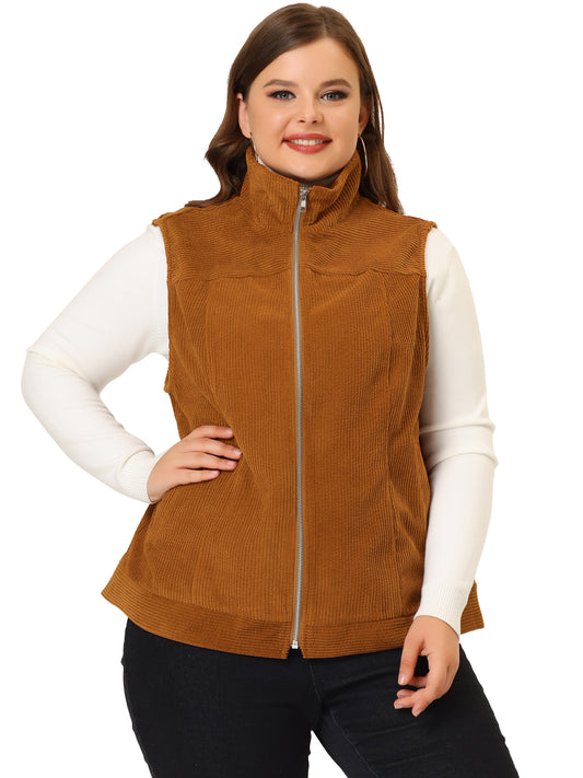 Women Plus Size Sleeveless Vests Casual Zipper Side Pocket Corduroy Vest