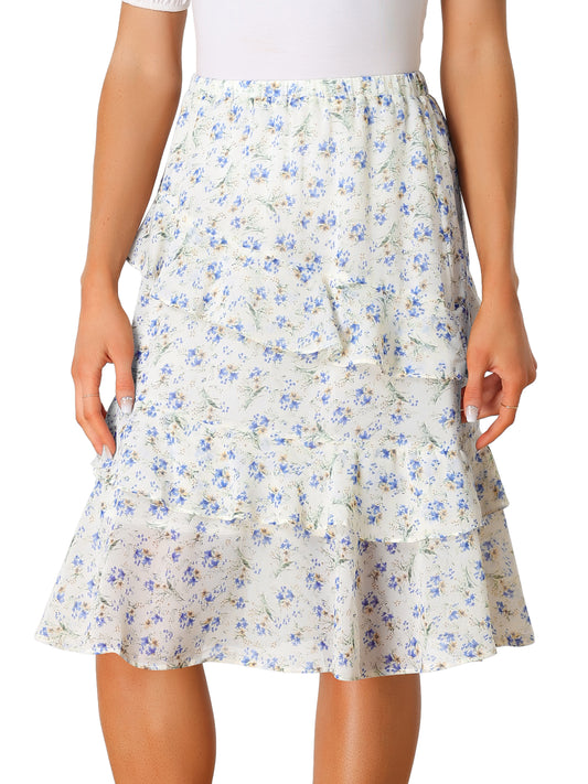 Falda midi de gasa con volantes, cintura elástica y diseño floral para mujer