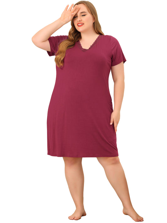 Camisones de talla grande para mujer, con encaje, cuello en V, manga corta, ropa de dormir