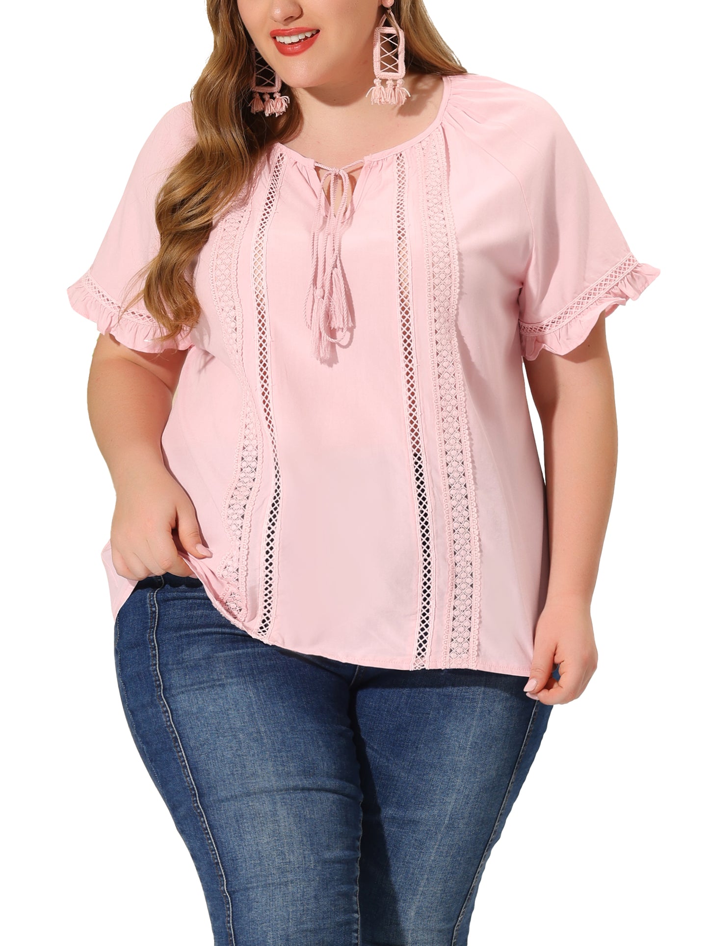 Blusa de talla grande para mujer, con lazo en el cuello, volantes, manga corta, top de encaje de ganchillo de verano