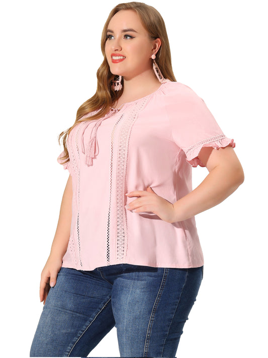 Women Plus Size Blouse Tie Neck Ruffle Short Sleeve Summer Lace Crochet Top