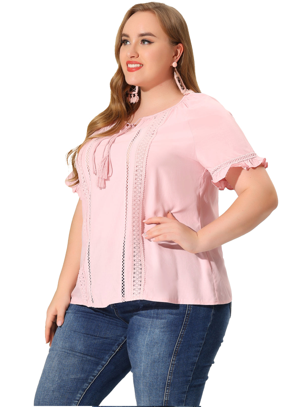 [PACK SALES] Women's Plus Size 2 Pieces Fringed Blouse Self Tie Neck Lace Hollow Out Ruffle Short Sleeve Summer Casual Tops