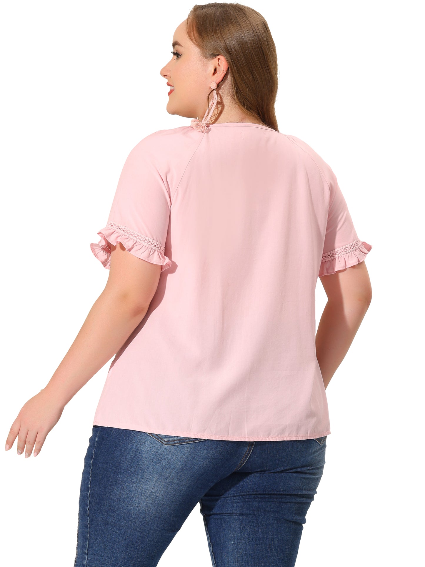 Women Plus Size Blouse Tie Neck Ruffle Short Sleeve Summer Lace Crochet Top