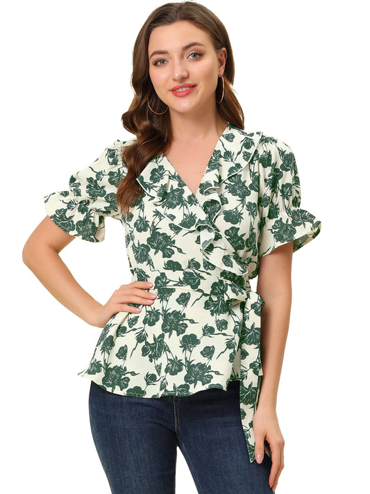 Women's Wrap Blouse Floral Short Sleeve Ruffle V Neck Belted Peplum Top
