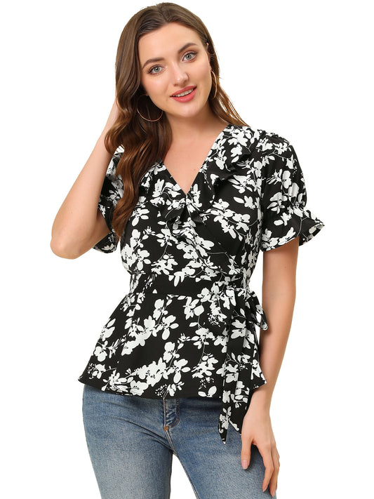 Women's Wrap Blouse Floral Short Sleeve Ruffle V Neck Belted Peplum Top (Available in Plus Size)