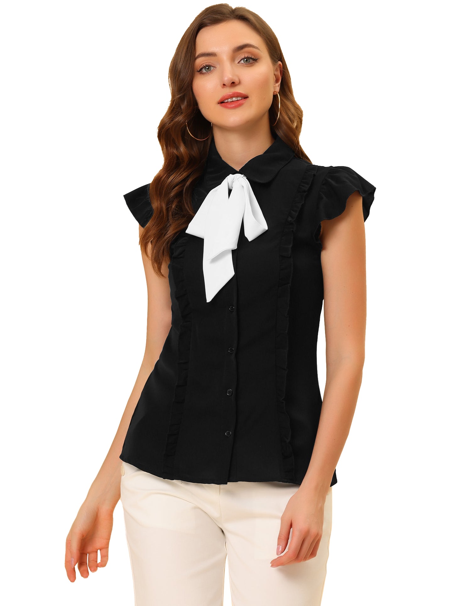 Women's Ruffles Cap Sleeve Tops Tie Neck Button Up Peter Pan Collar Blouse Shirts