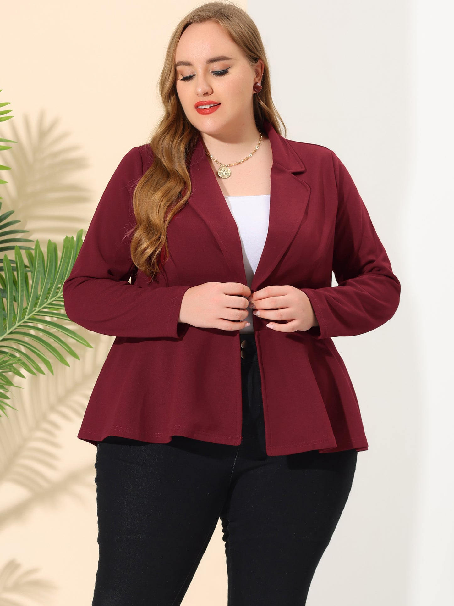 Blazer de talla grande para mujer, con volantes, cuello en V, manga larga, panel con muescas, botones, peplum, para oficina y trabajo