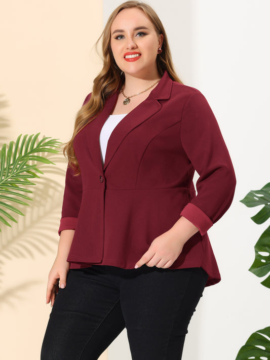 Blazer de talla grande para mujer, con volantes, cuello en V, manga larga, panel con muescas, botones, peplum, para oficina y trabajo