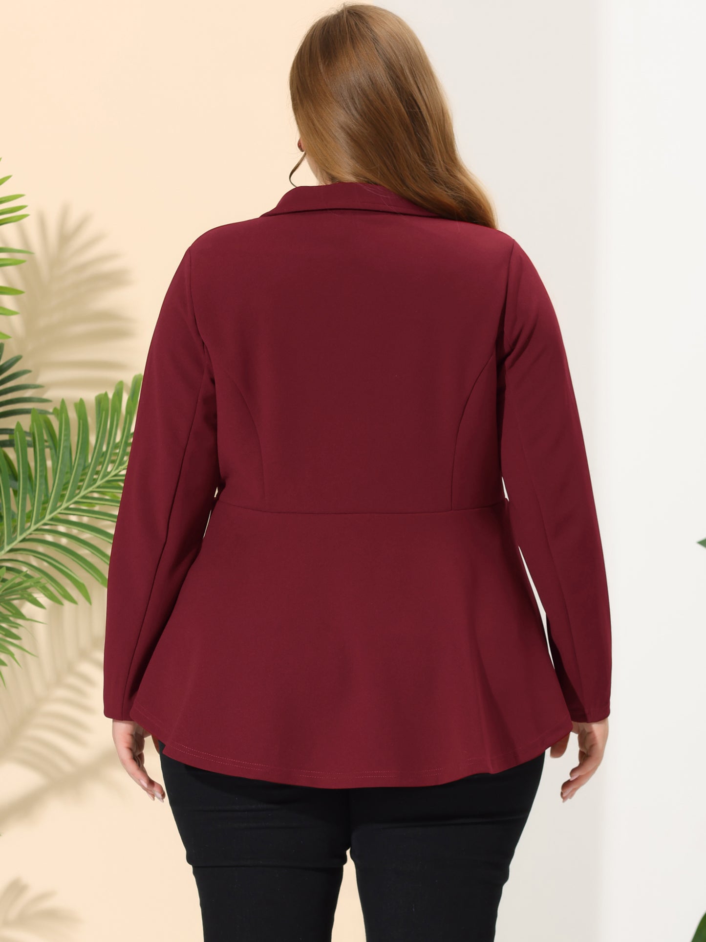 Blazer de talla grande para mujer, con volantes, cuello en V, manga larga, panel con muescas, botones, peplum, para oficina y trabajo
