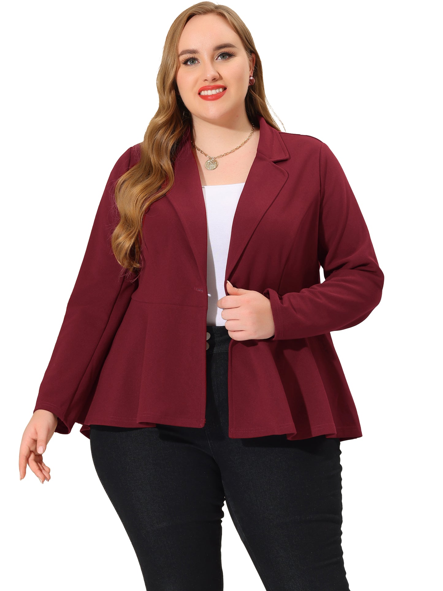Blazer de talla grande para mujer, con volantes, cuello en V, manga larga, panel con muescas, botones, peplum, para oficina y trabajo