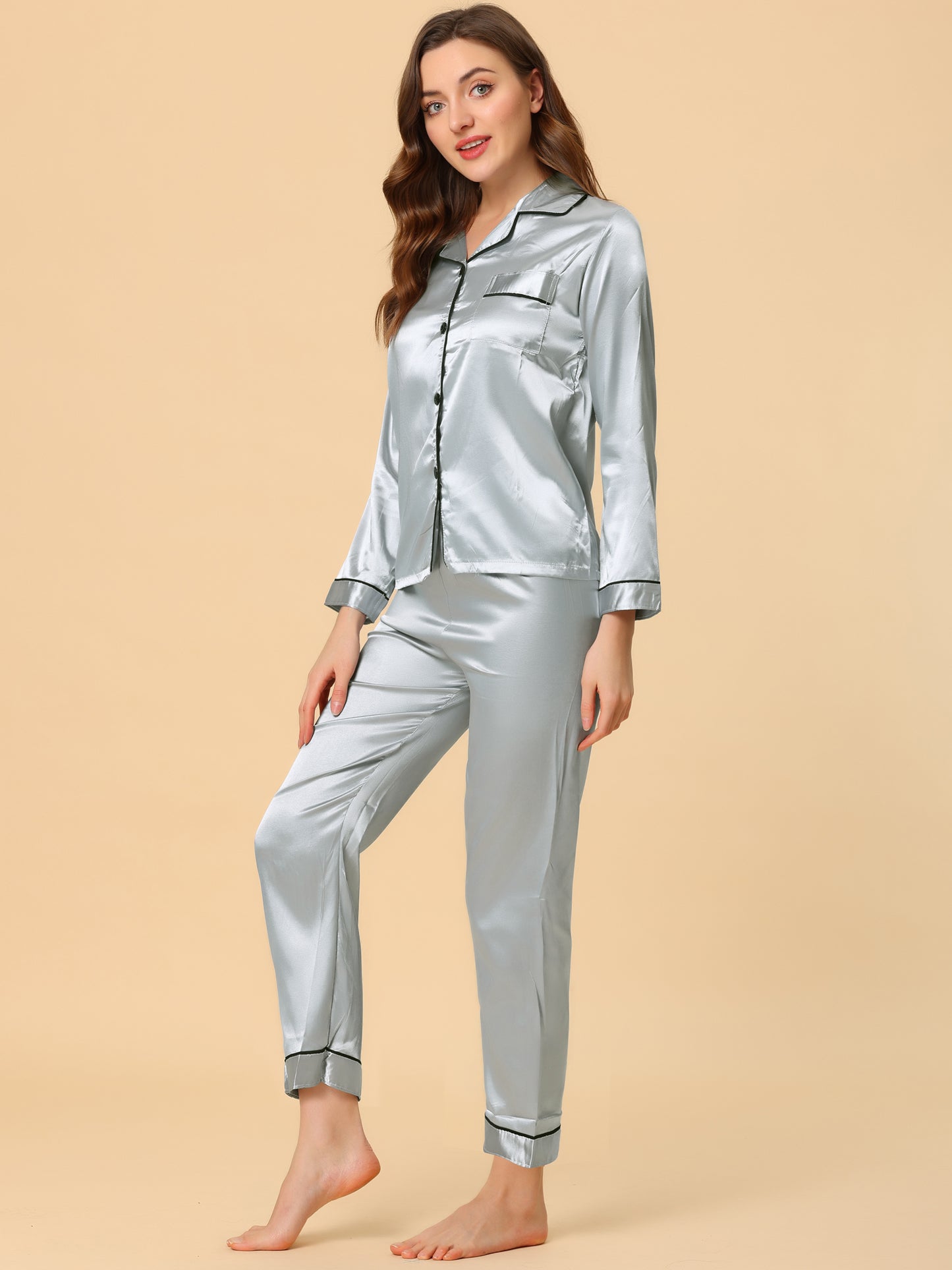 Conjuntos de pijama para mujer, ropa de dormir, pijama de satén con botones, conjuntos de estar por casa