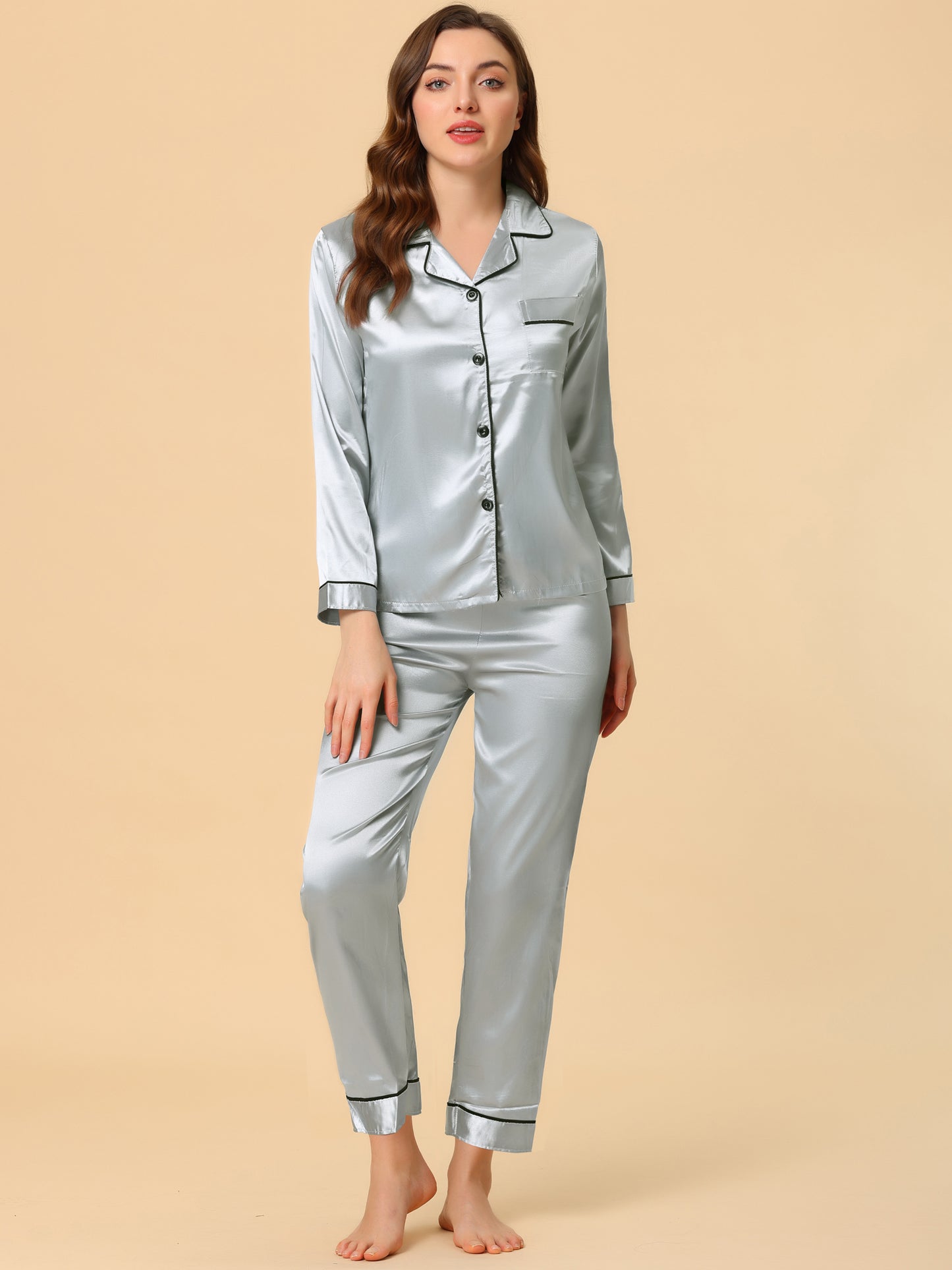Conjuntos de pijama para mujer, ropa de dormir, pijama de satén con botones, conjuntos de estar por casa