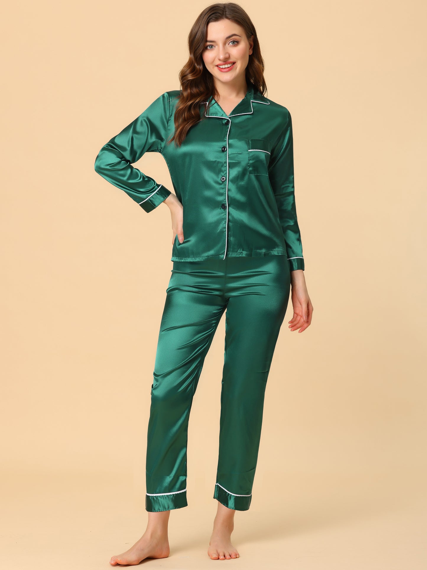 cheibear Pajama Sets Sleepwear Button Down Night Suit Lounge Sets Green
