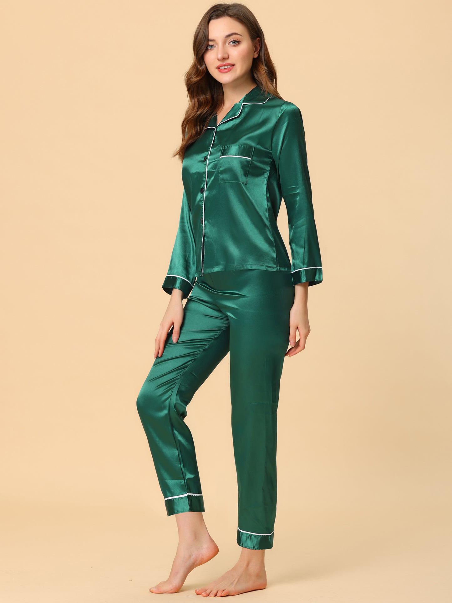 cheibear Pajama Sets Sleepwear Button Down Night Suit Lounge Sets Green