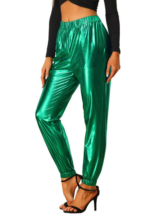 Women's Metallic Trousers Festive Shiny Sparkle Elastic Waist Holographic Pants