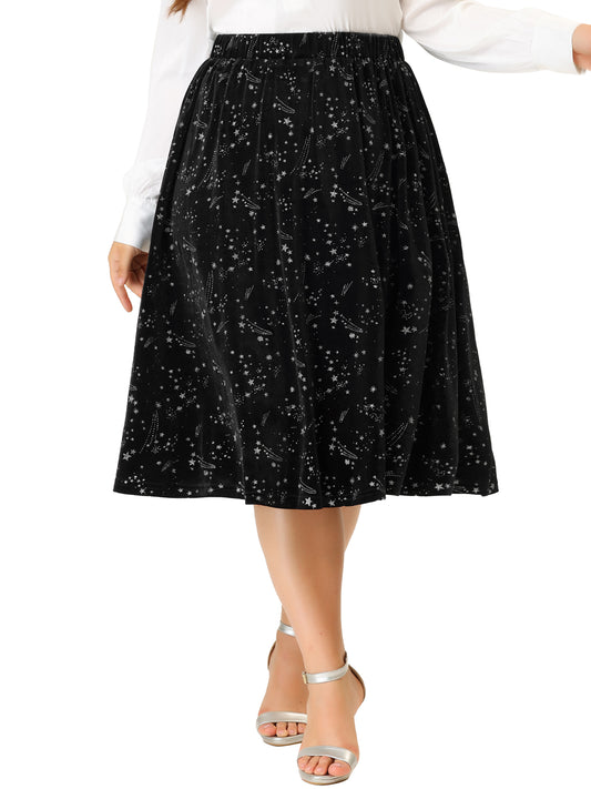 Women Plus Size Velvet Skirts A-Line Elegant Knee Length Sequin Flare Skirt