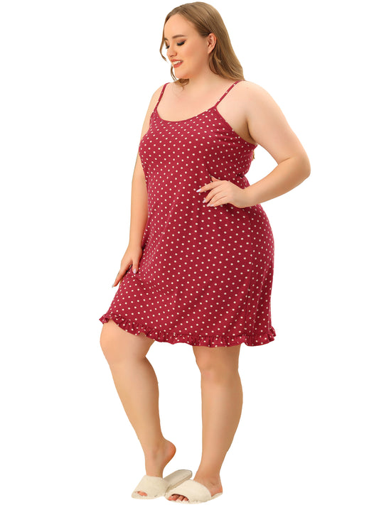 Women Plus Size Nightgown Sleeveless Sleepwear Polka Dots Ruffle Hem Cami Nightshirt