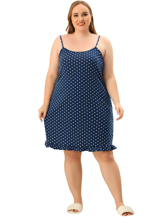 Camisón de talla grande para mujer, sin mangas, con lunares y dobladillo con volantes