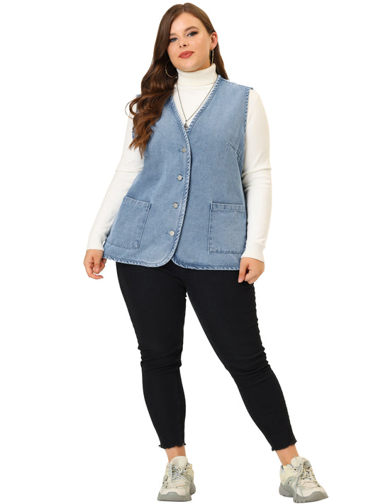 Women Plus Size Denim Vest Top Button Down V Neck Waistcoat Sleeveless Jean Jacket Vest