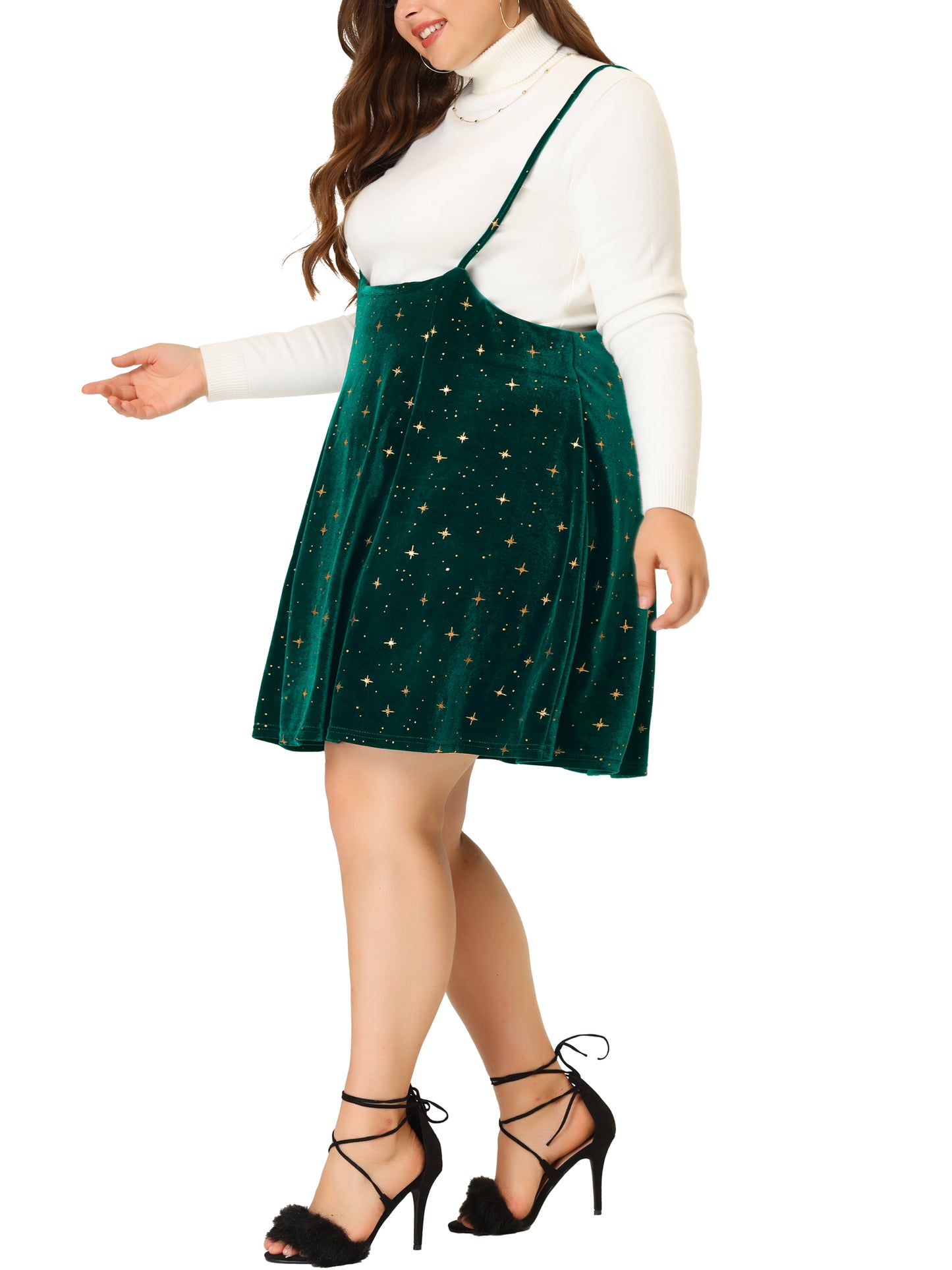 Women Plus Size Velvet Skater Skirts Flared Gilding Metallic Shiny Star Suspender Braces Skirt