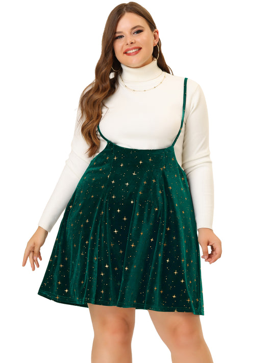 Women Plus Size Velvet Skater Skirts Flared Gilding Metallic Shiny Star Suspender Braces Skirt