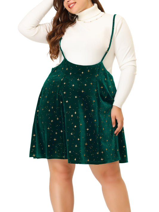 Women Plus Size Velvet Skater Skirts Flared Gilding Metallic Shiny Star Suspender Braces Skirt