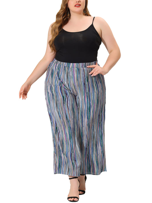 Women Plus Size Palazzo Pants Stripe Boho Wide Leg Paper Bag Pants Beach Casual Summer