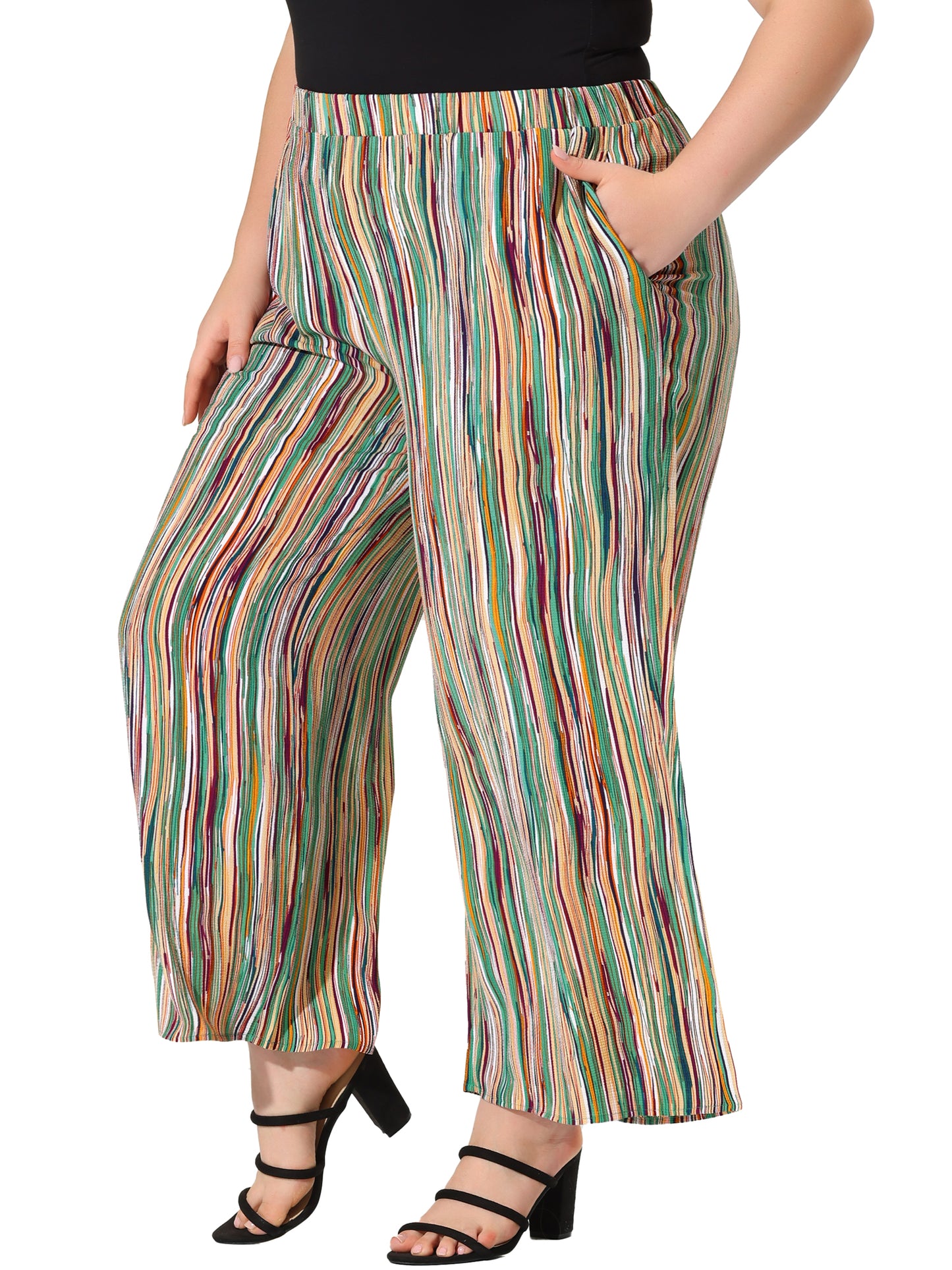 Women Plus Size Palazzo Pants Stripe Boho Wide Leg Paper Bag Pants Beach Casual Summer