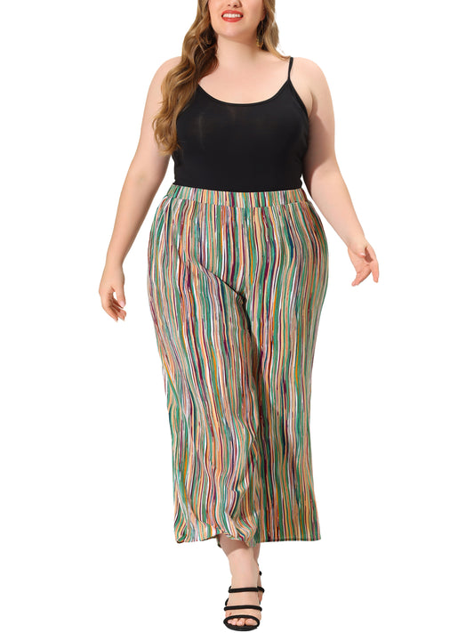 Women Plus Size Palazzo Pants Stripe Boho Wide Leg Paper Bag Pants Beach Casual Summer
