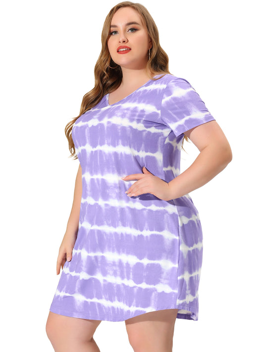 Women Plus Size Tie Dye Summer V Neck Short Sleeve Casual Dresses